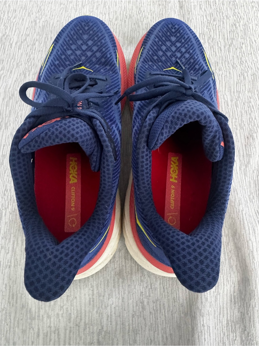 Hoka One One Navy Running Shoe with Coral and Yellow Accents - Picture 4 of 5